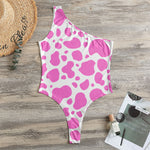 Pink And White Cow Print One Shoulder Bodysuit