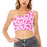 Pink And White Cow Print One Shoulder Crop Top