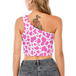 Pink And White Cow Print One Shoulder Crop Top
