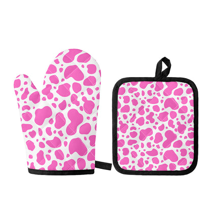 Pink And White Cow Print Oven Mitt And Pot Holder Set