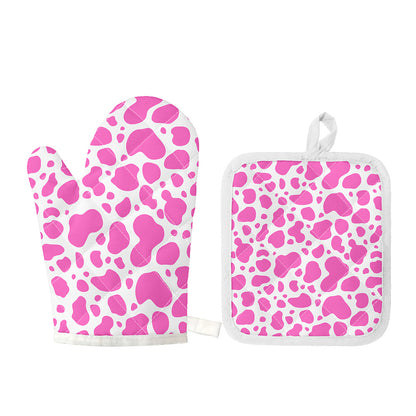 Pink And White Cow Print Oven Mitt And Pot Holder Set