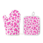 Pink And White Cow Print Oven Mitt And Pot Holder Set