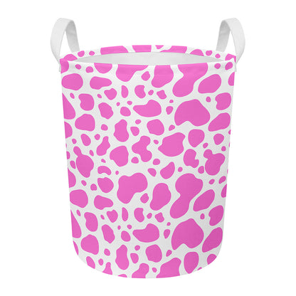 Pink And White Cow Print Round Laundry Basket