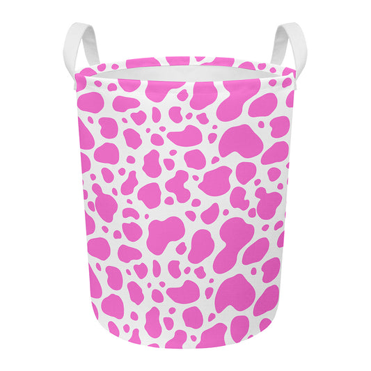 Pink And White Cow Print Round Laundry Basket