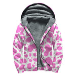 Pink And White Cow Print Sherpa Lined Zip Up Hoodie