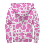Pink And White Cow Print Sherpa Lined Zip Up Hoodie