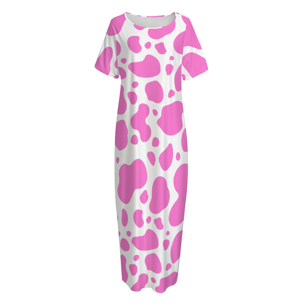 Pink And White Cow Print Short Sleeve Long Nightdress