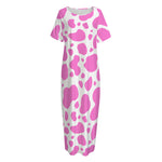 Pink And White Cow Print Short Sleeve Long Nightdress