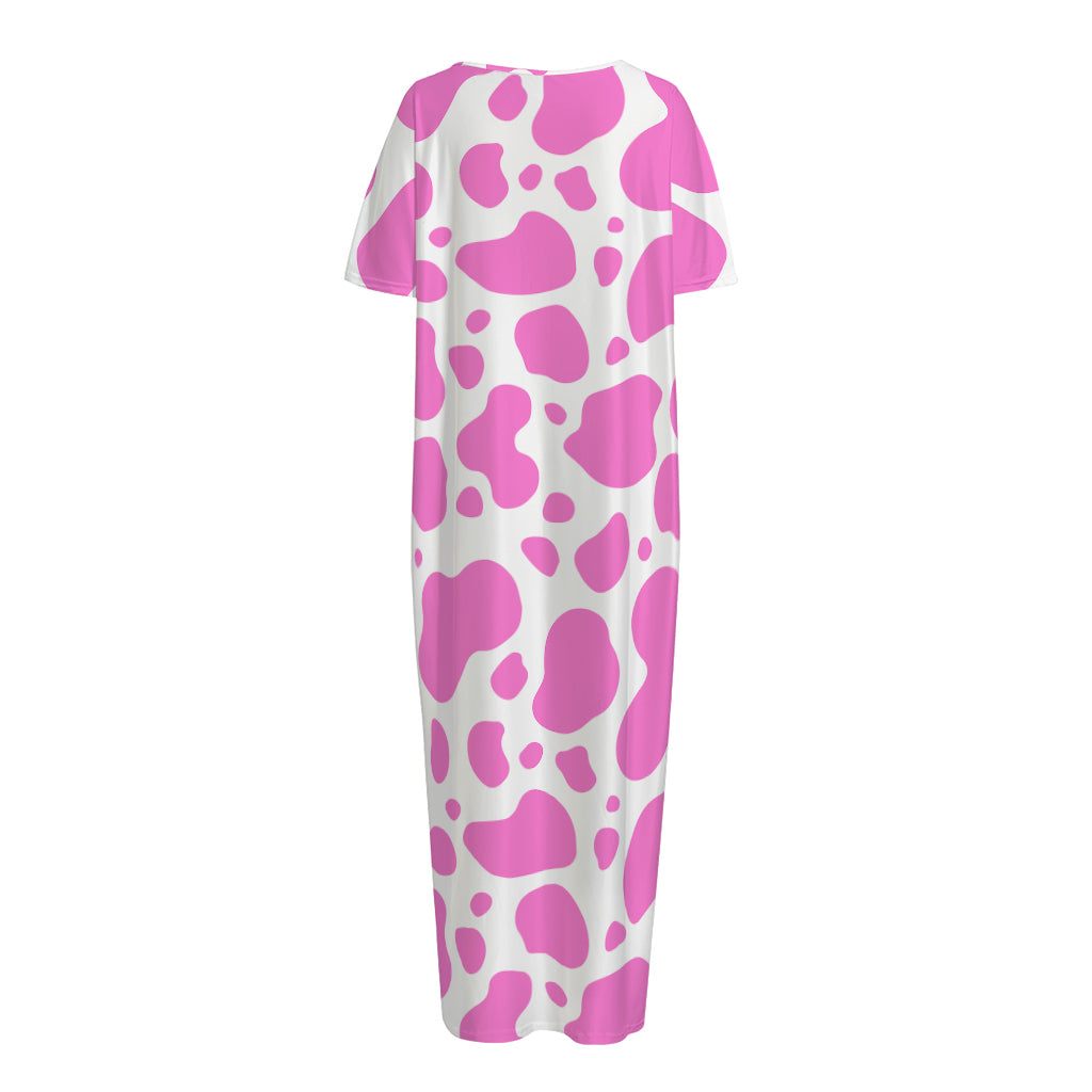 Pink And White Cow Print Short Sleeve Long Nightdress