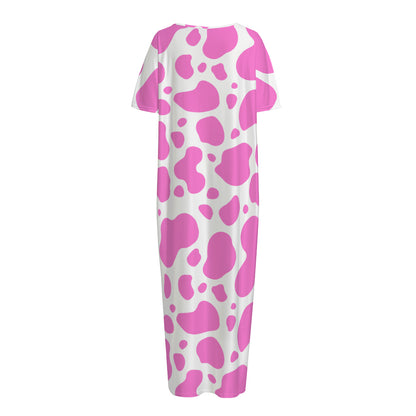 Pink And White Cow Print Short Sleeve Long Nightdress