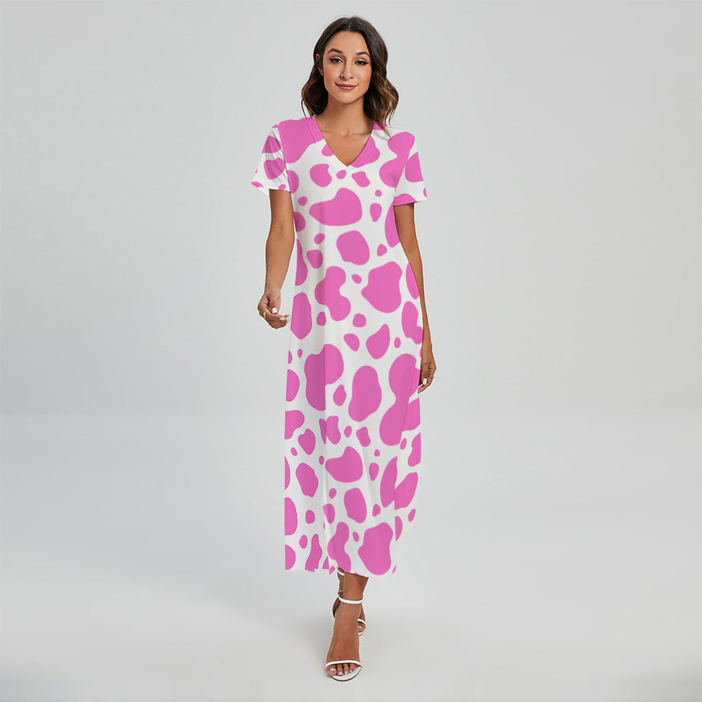 Pink And White Cow Print Short Sleeve Maxi Dress