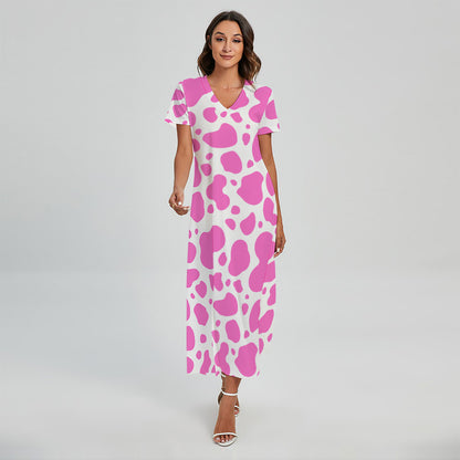 Pink And White Cow Print Short Sleeve Maxi Dress