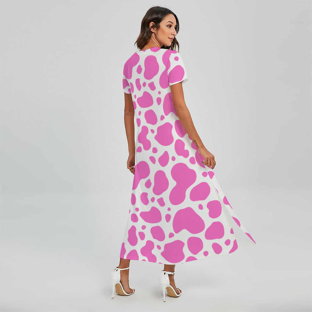 Pink And White Cow Print Short Sleeve Maxi Dress