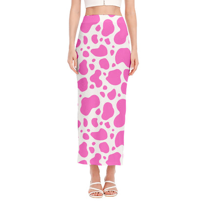 Pink And White Cow Print Side Slit Maxi Skirt