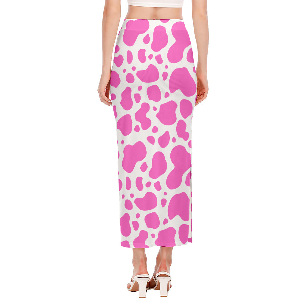 Pink And White Cow Print Side Slit Maxi Skirt