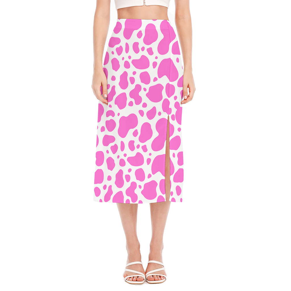 Pink And White Cow Print Side Slit Midi Skirt