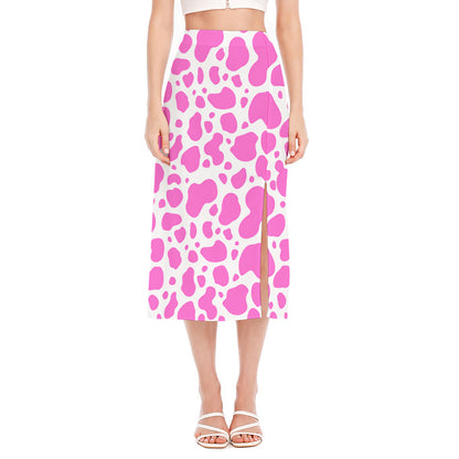 Pink And White Cow Print Side Slit Midi Skirt