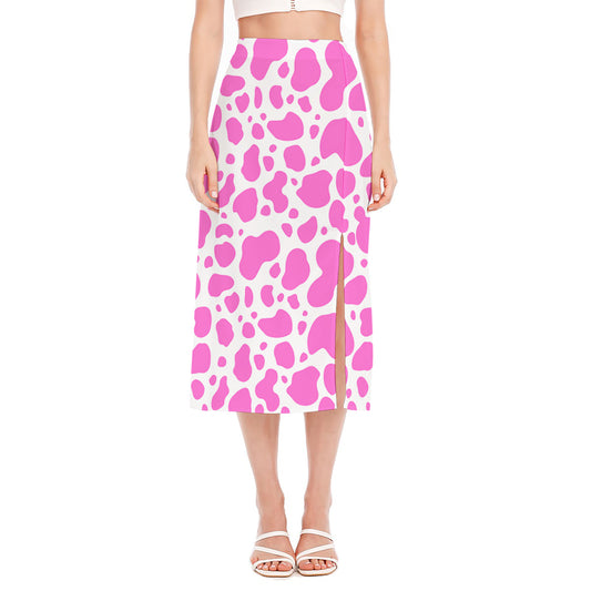 Pink And White Cow Print Side Slit Midi Skirt