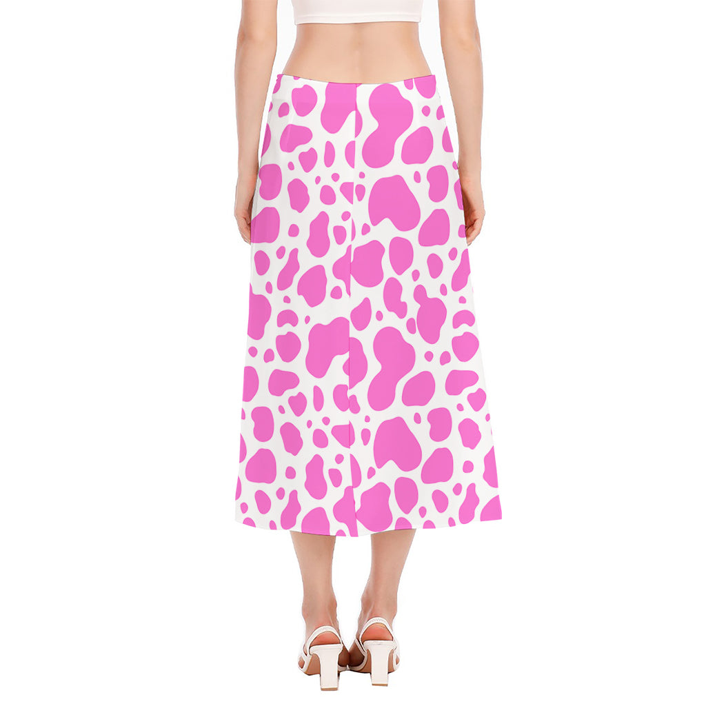 Pink And White Cow Print Side Slit Midi Skirt