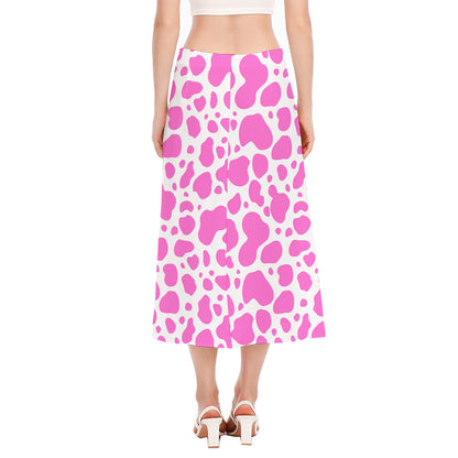 Pink And White Cow Print Side Slit Midi Skirt