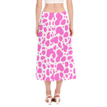 Pink And White Cow Print Side Slit Midi Skirt