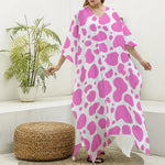 Pink And White Cow Print Silk V-Neck Kaftan Dress