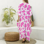 Pink And White Cow Print Silk V-Neck Kaftan Dress