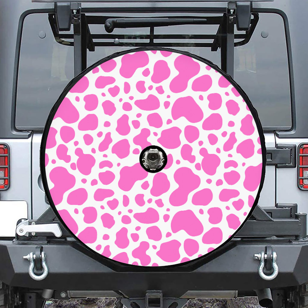 Pink And White Cow Print Tire Cover With Camera Hole