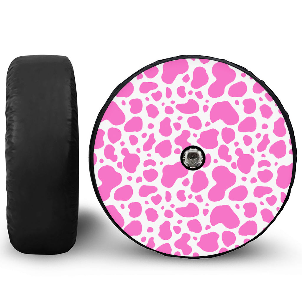 Pink And White Cow Print Tire Cover With Camera Hole