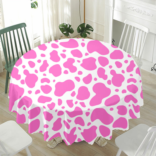 Pink And White Cow Print Waterproof Round Tablecloth