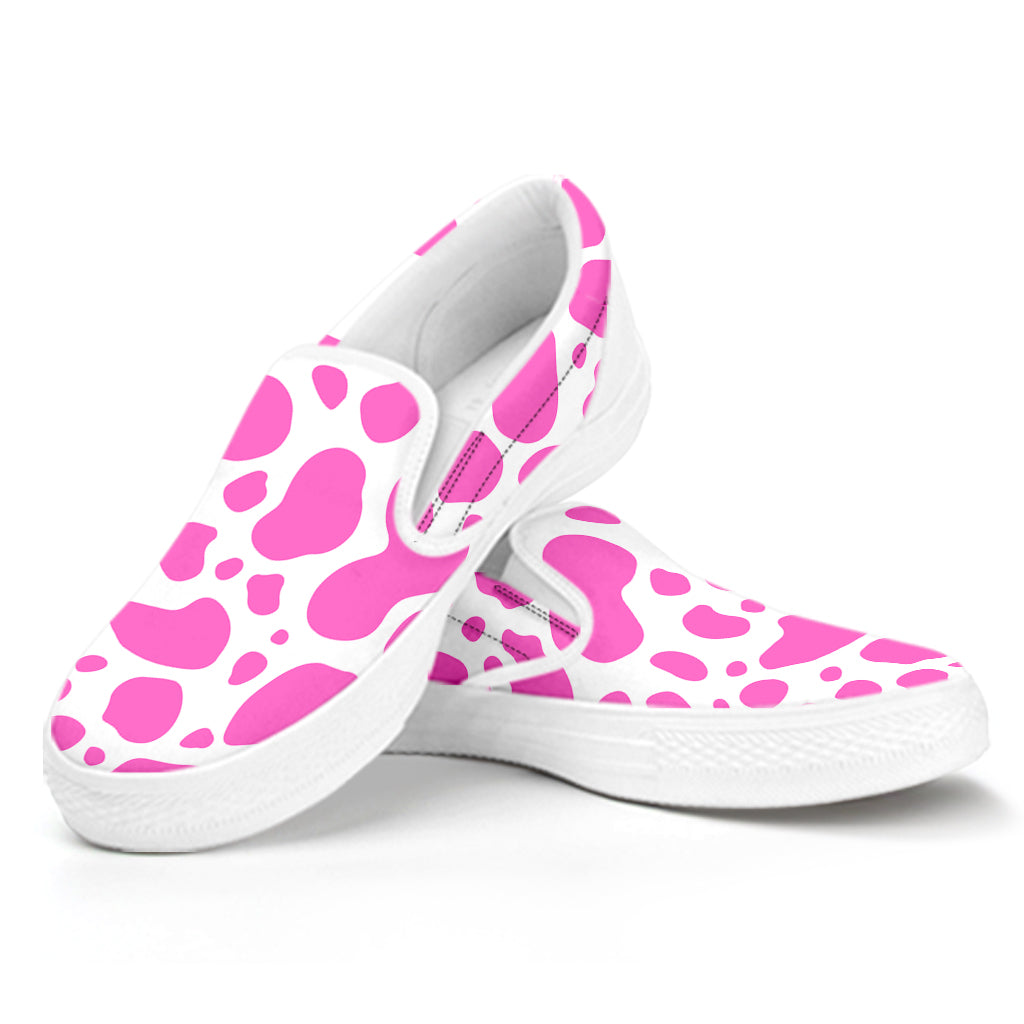 Pink And White Cow Print White Slip On Sneakers