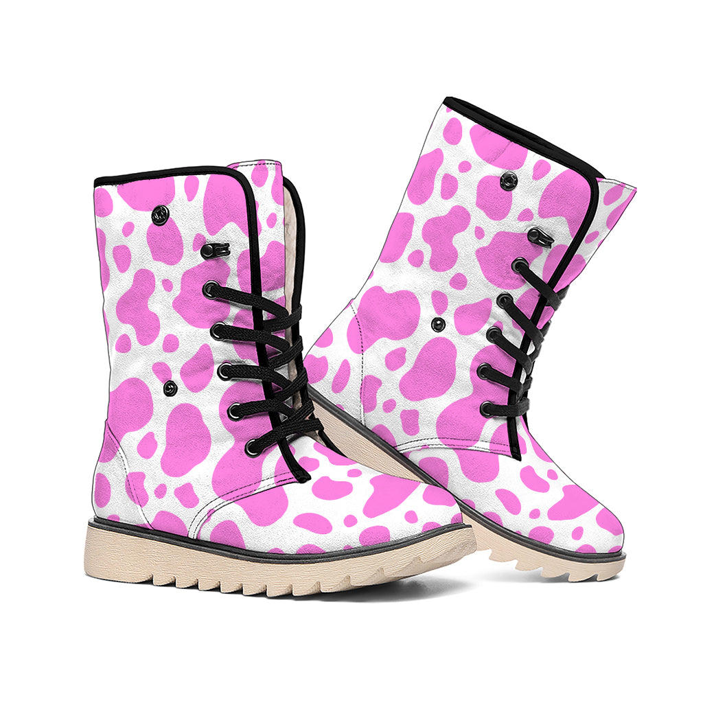 Pink And White Cow Print Winter Boots