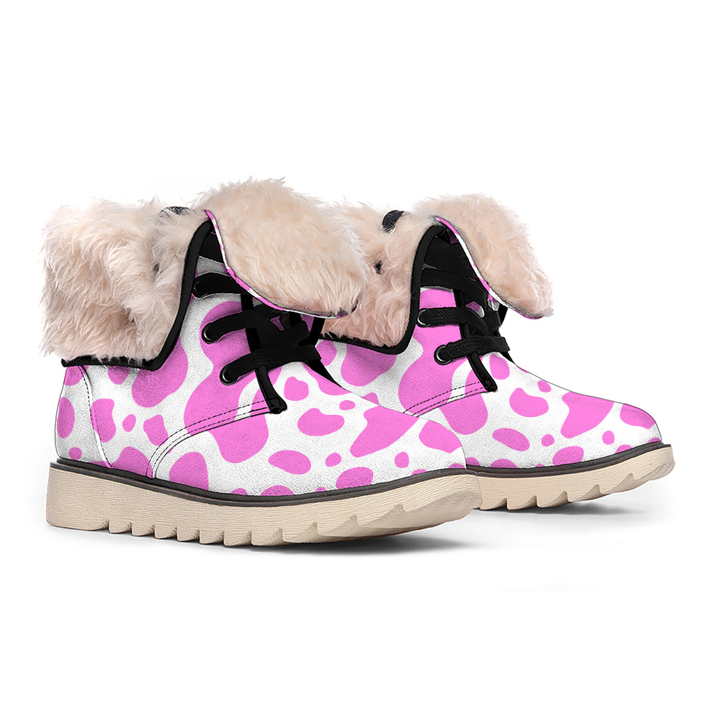 Pink And White Cow Print Winter Boots