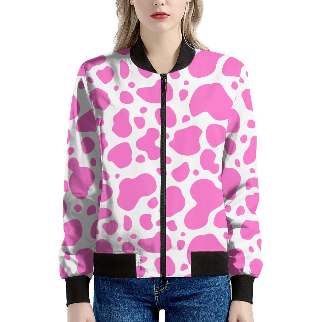 Pink And White Cow Print Women's Bomber Jacket