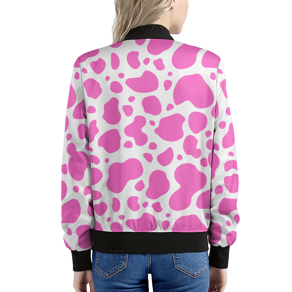 Pink And White Cow Print Women's Bomber Jacket