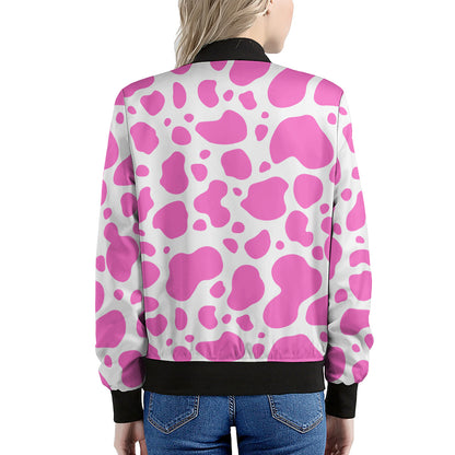 Pink And White Cow Print Women's Bomber Jacket
