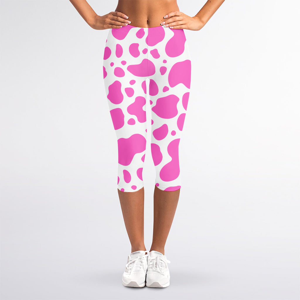 Pink And White Cow Print Women's Capri Leggings