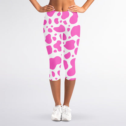 Pink And White Cow Print Women's Capri Leggings