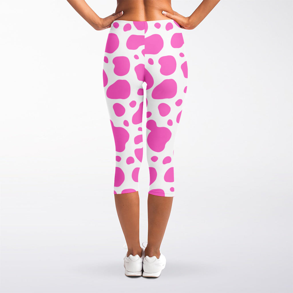 Pink And White Cow Print Women's Capri Leggings