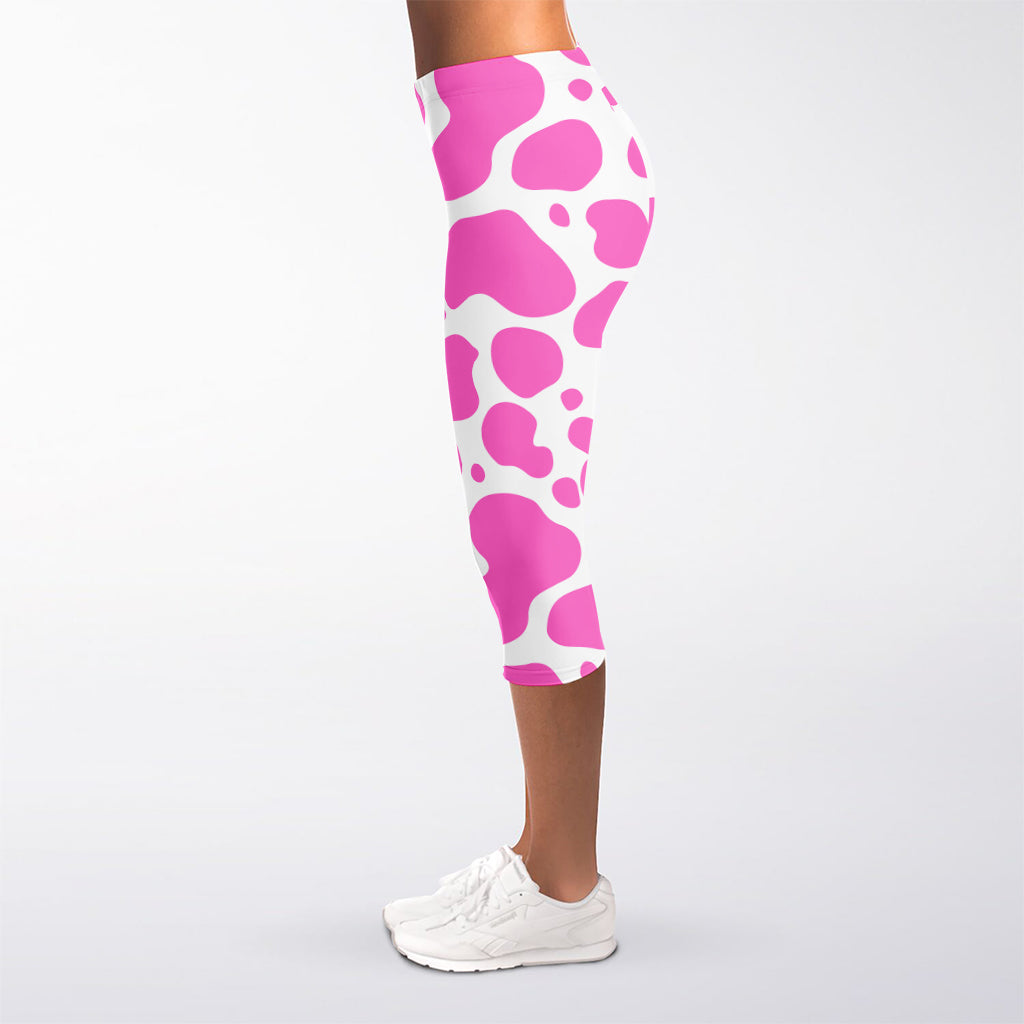 Pink And White Cow Print Women's Capri Leggings
