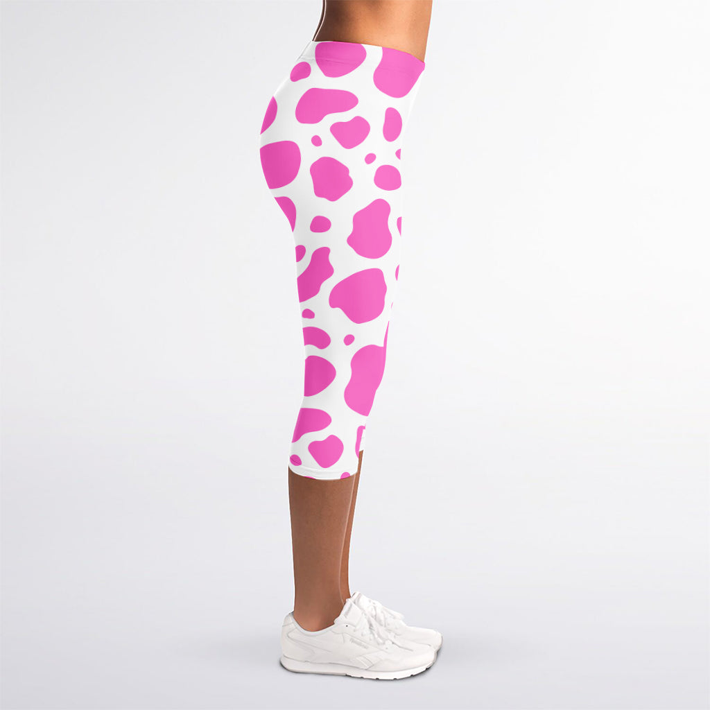 Pink And White Cow Print Women's Capri Leggings