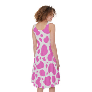Pink And White Cow Print Women's Sleeveless Dress