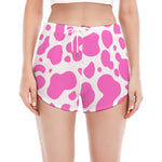 Pink And White Cow Print Women's Split Running Shorts