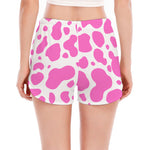 Pink And White Cow Print Women's Split Running Shorts