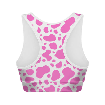 Pink And White Cow Print Women's Sports Bra