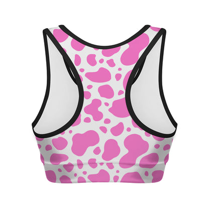 Pink And White Cow Print Women's Sports Bra