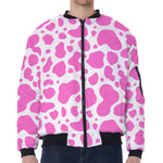 Pink And White Cow Print Zip Sleeve Bomber Jacket