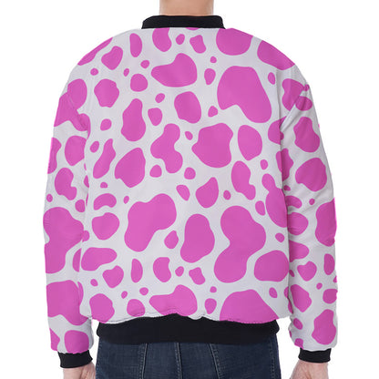 Pink And White Cow Print Zip Sleeve Bomber Jacket