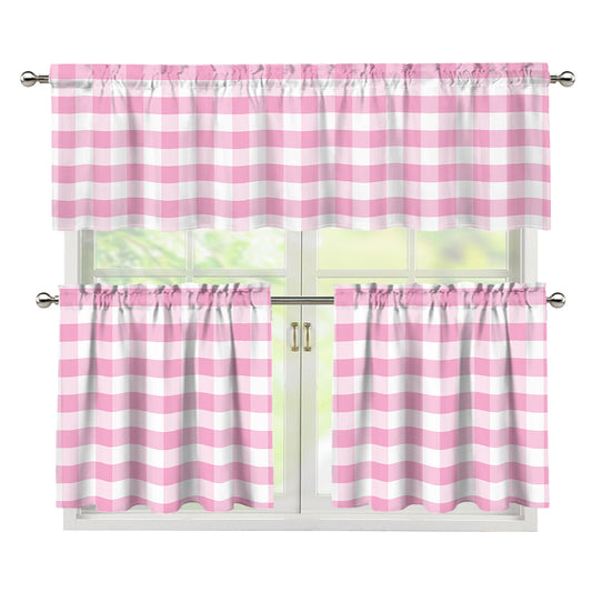 Pink And White Gingham Pattern Print 3 Piece Kitchen Curtains