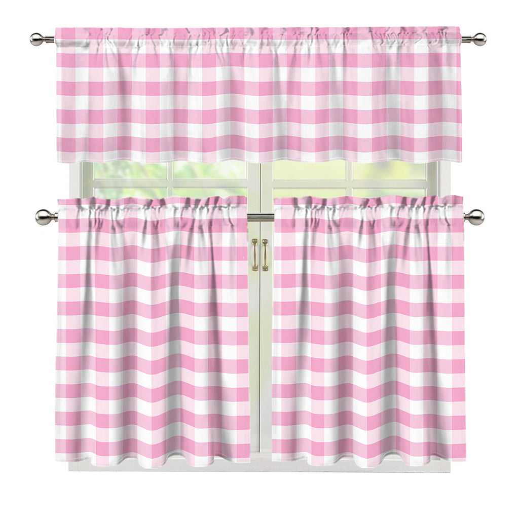 Pink And White Gingham Pattern Print 3 Piece Kitchen Curtains